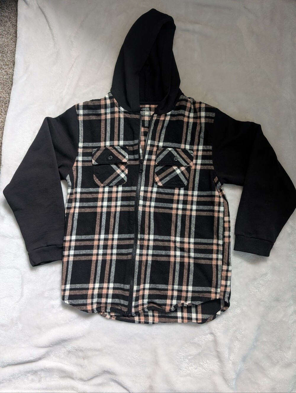 Boys Colorful Planet Plaid Hooded Zip Up Shacket Jacket Black Pink XL 14/16
